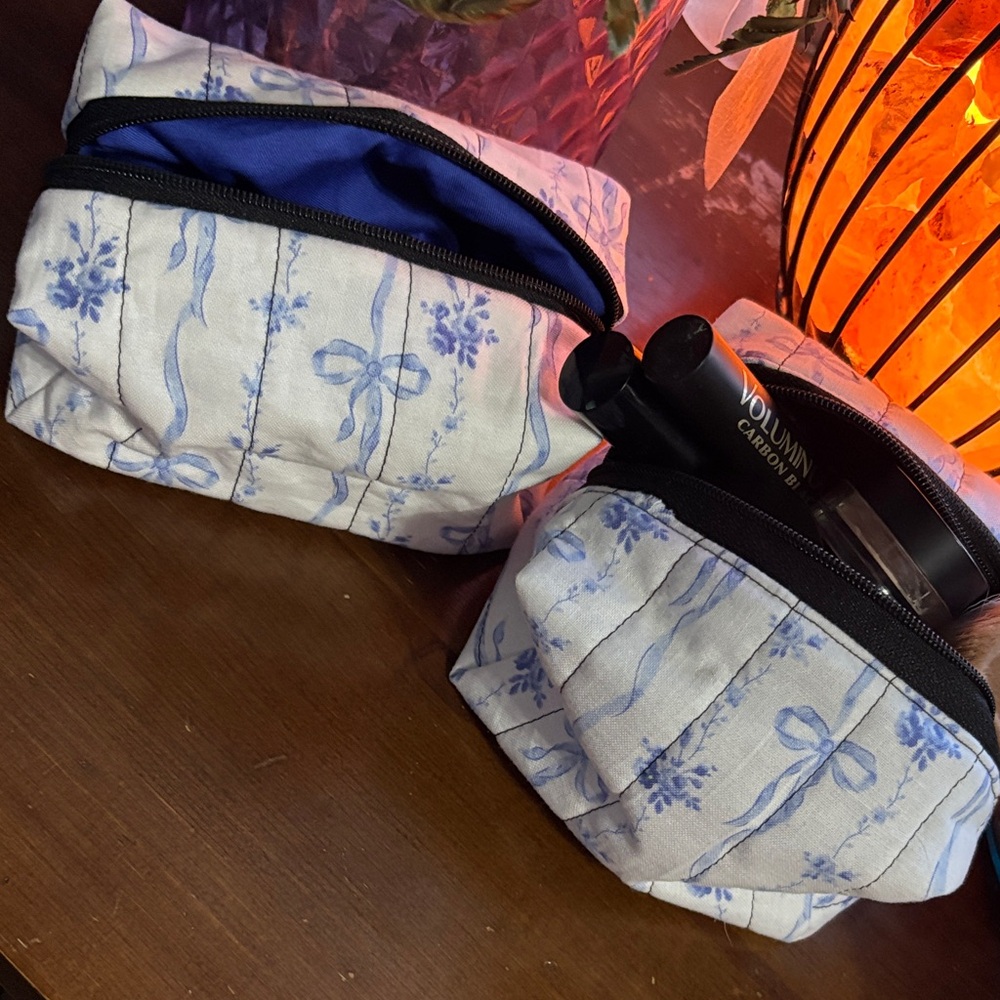 Mini Blue Floral Bow Cosmetic Bag